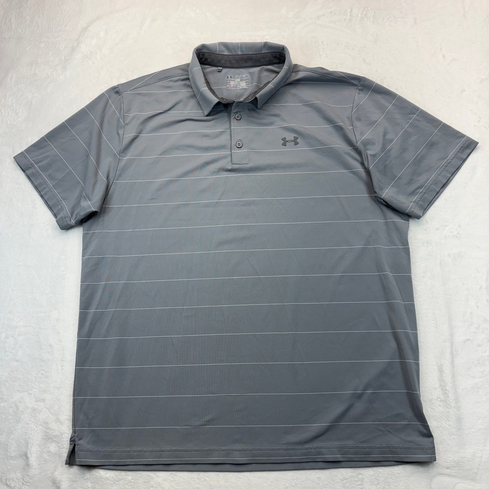 Under Armour HeatGear Mens 2XL Grey Pinstripe Short Sleeve Golf Polo Shirt Loose